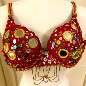 Hand-sewn Red multicolored mirrored beaded bra costume bellydance, disney
